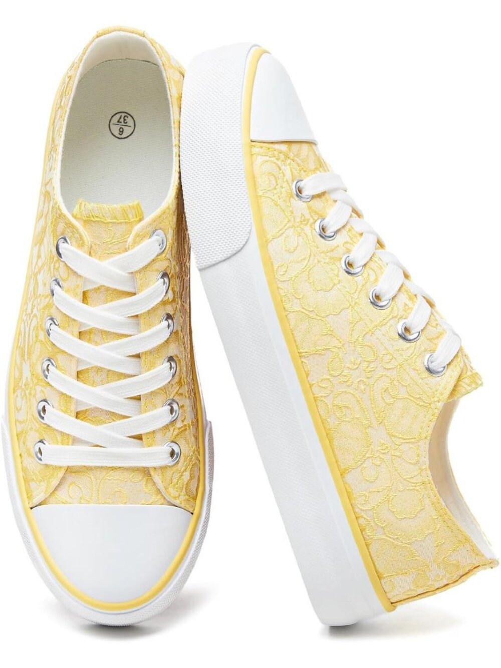 Women's Yellow Casual Tennis Shoes Solid Lace Up Platform Heel High Toe Sneakers